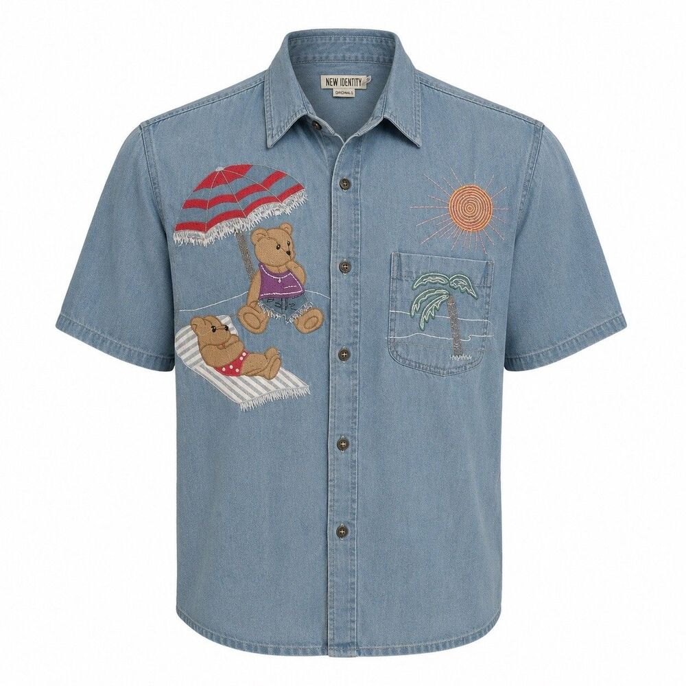 Together! Vintage Denim Button Front Shirt Beach Teddy Bear Embroidered Missy M